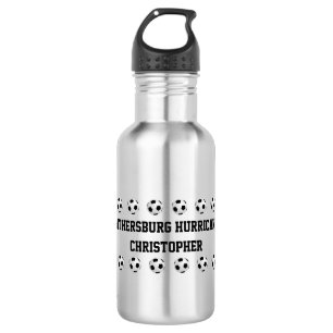 Botella De Agua Nombre personalizado, bolas de fútbol, plata