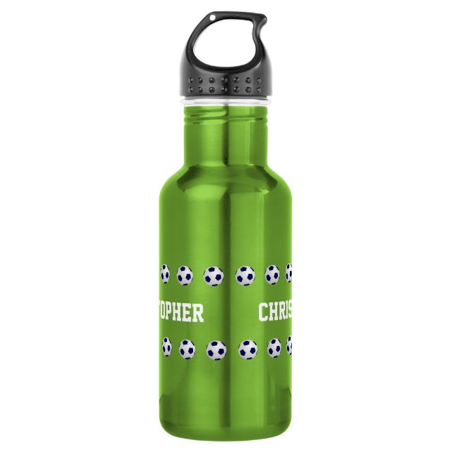 Botella De Agua Nombre personalizado, bolas de fútbol, verde neón (Anverso)