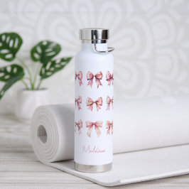 Botella De Agua Nombre personalizado Bow de Coquette Rosa