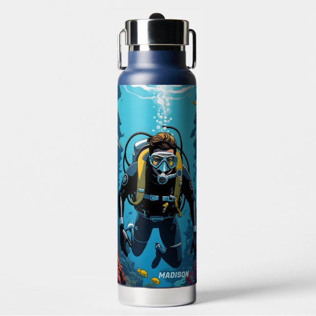 Botella De Agua Nombre personalizado Buceador Scuba (Frente)