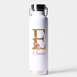 Botella De Agua Nombre personalizado Carta E Hoja de Oro Rosas Ros