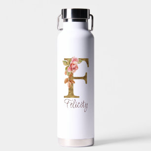 Botella De Agua Nombre personalizado Carta F Oro Hoja Rosas Rosada