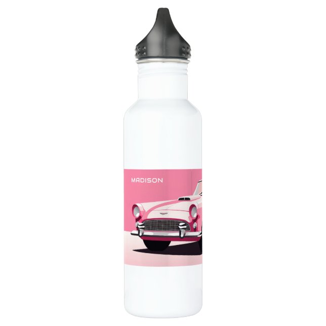 Botella De Agua Nombre personalizado Coche clásico rosado (Izquierda)