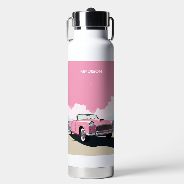 Botella De Agua Nombre personalizado Coche clásico rosado (Frente)