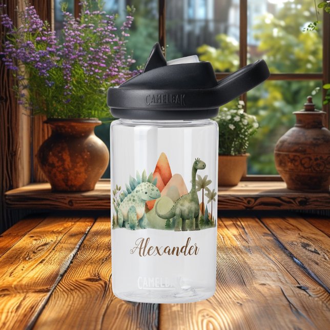 Botella De Agua Nombre personalizado Cute acuarela dinosaurio (Subido por el creador)