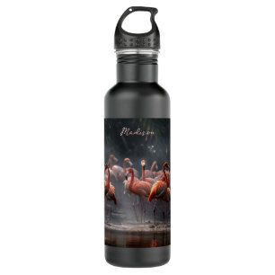 Botella De Agua Nombre personalizado de Flamingos tropicales