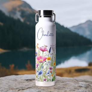 Botella De Agua Nombre personalizado de flor silvestre colorida