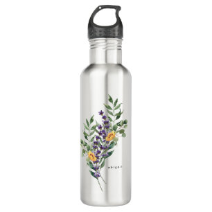 Botella De Agua Nombre personalizado de girasol, follaje y lavanda