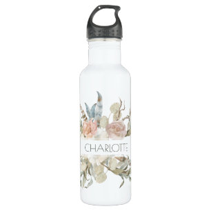 Botella De Agua Nombre personalizado de la acuarela floral de la M
