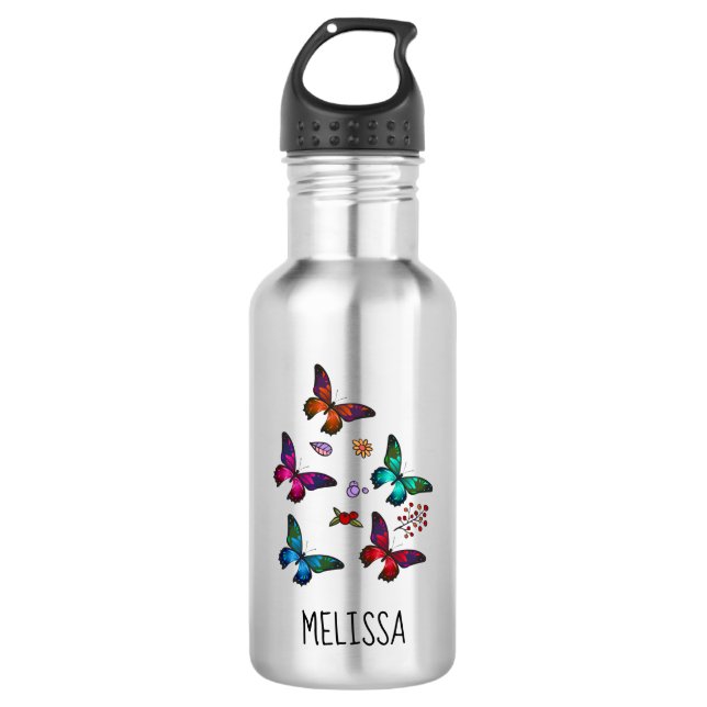 Botella De Agua Nombre personalizado de las mariposas pequeñas de  (Anverso)