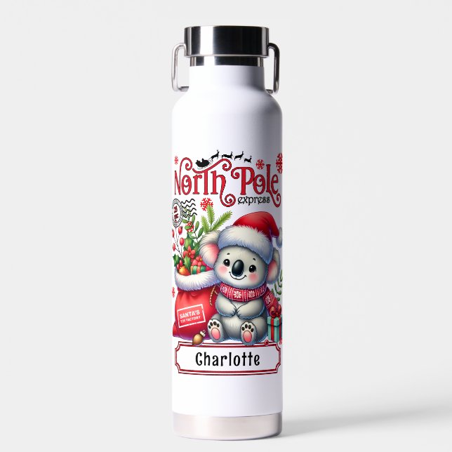 Botella De Agua Nombre personalizado de las navidades de Koala (Delantero)