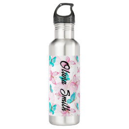 Botella De Agua Nombre personalizado de mariposa rosa