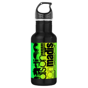 Botella De Agua Nombre personalizado de Neon Aqua Verde y Amarillo