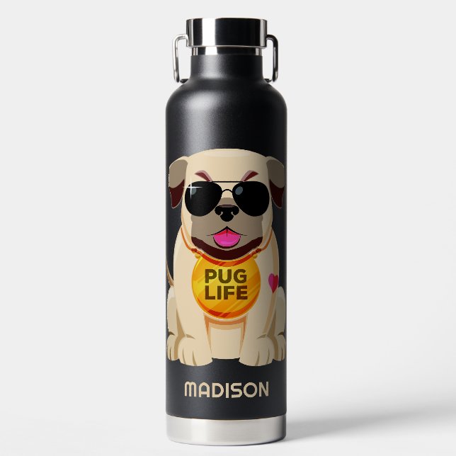 Botella De Agua Nombre personalizado de Pug Life (Delantero)