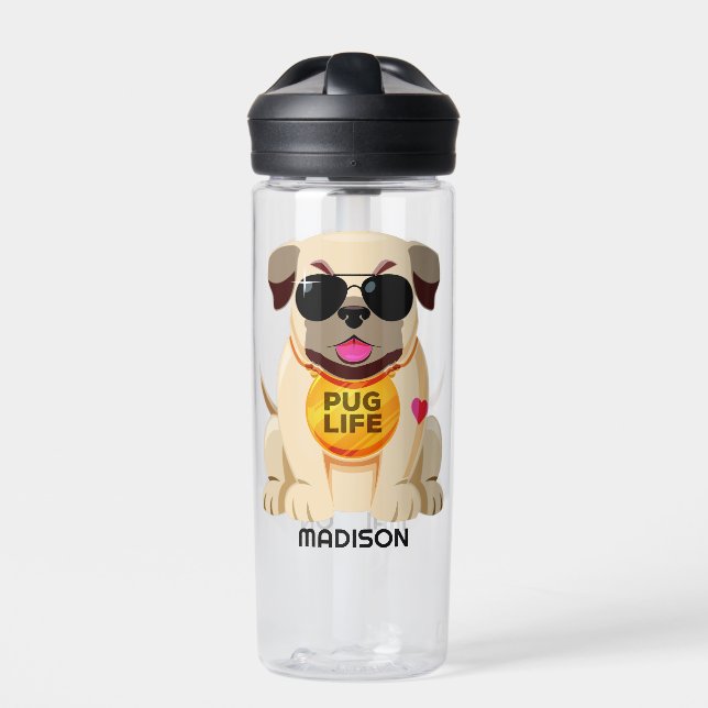 Botella De Agua Nombre personalizado de Pug Life (Delante)