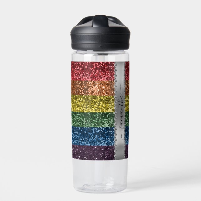 Botella De Agua Nombre personalizado de Purpurina arcoiris (Delante)