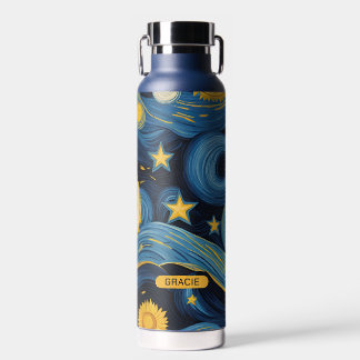 Botella De Agua Nombre personalizado del girasol de noche estelar 