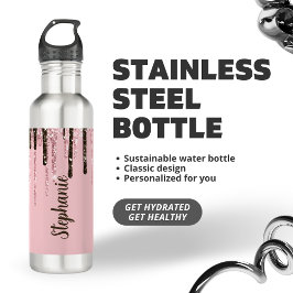 Botella De Agua Nombre personalizado del Purpurina rosa Rubor Girl