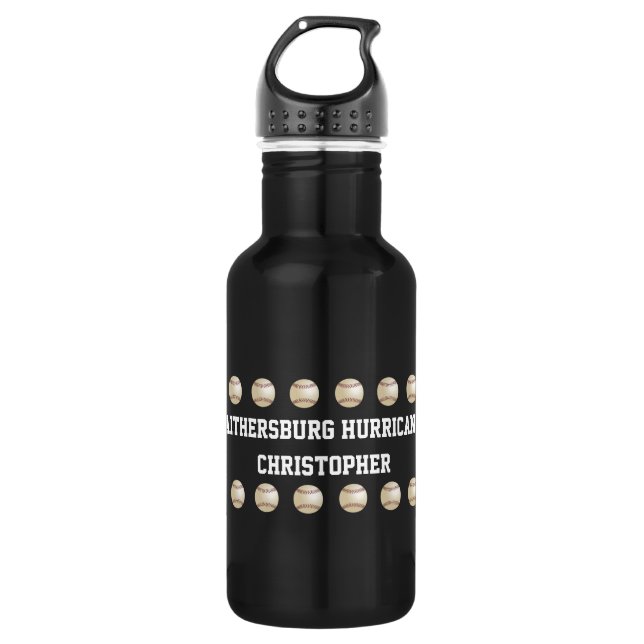 Botella De Agua Nombre personalizado, equipo de béisbol, negro (Anverso)