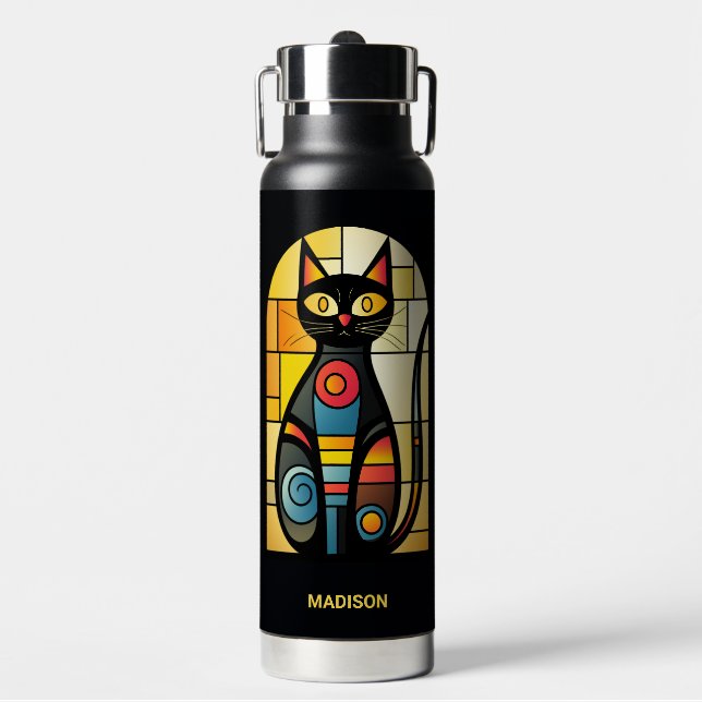 Botella De Agua Nombre personalizado Faux Sned Glass Cat (Frente)
