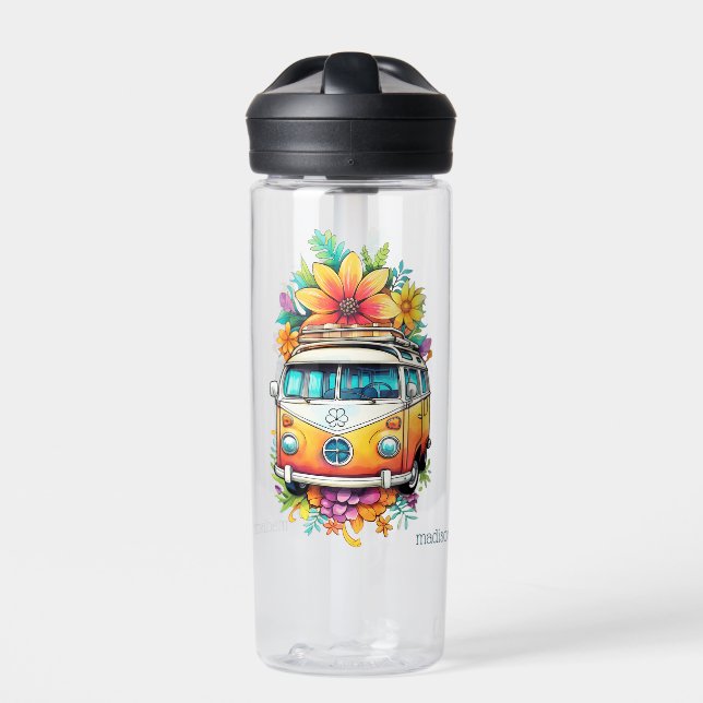 Botella De Agua Nombre personalizado Hippie Van (Delante)