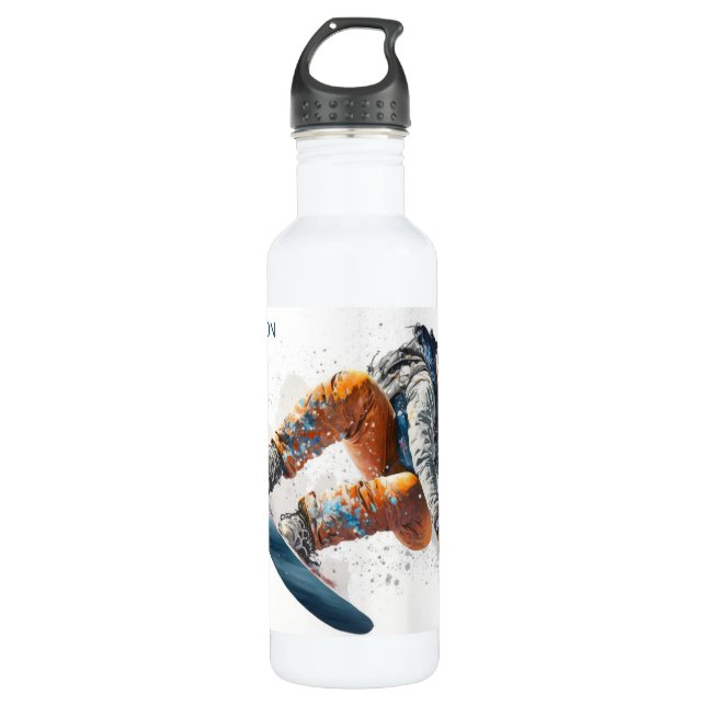 Botella De Agua Nombre personalizado Ilustracion Snowboarder (Anverso)