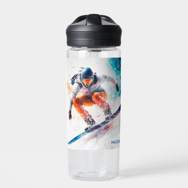 Botella De Agua Nombre personalizado Ilustracion Snowboarder (Delante)