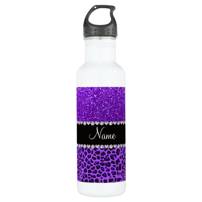 Botella De Agua Nombre personalizado leopardo morado índigo purpur (Anverso)