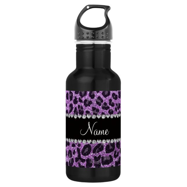 Botella De Agua Nombre personalizado luz de purpurina morado leopa (Anverso)