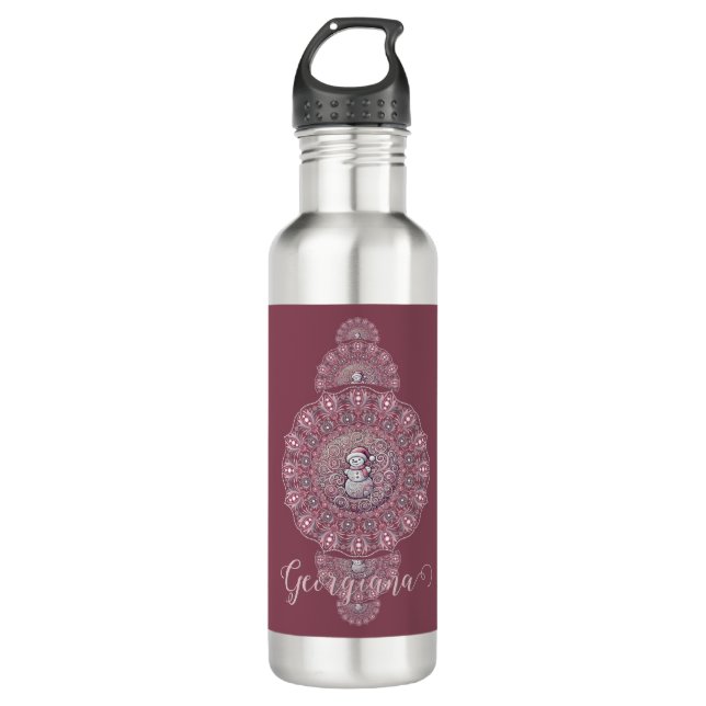 Botella De Agua Nombre personalizado Mandala ornamental de Snowman (Anverso)