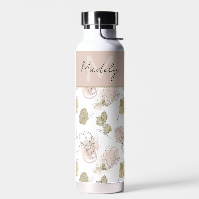 Botella De Agua Nombre personalizado moderno Monograma Floral (Izquierdo)