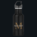 Botella De Agua Nombre personalizado Monograma negro<br><div class="desc">Crea tu propia botella de agua redonda negra personalizada con tu nombre y monograma personalizados.</div>