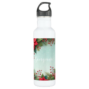 Botella De Agua Nombre personalizado Navidades acuarela floral Poi