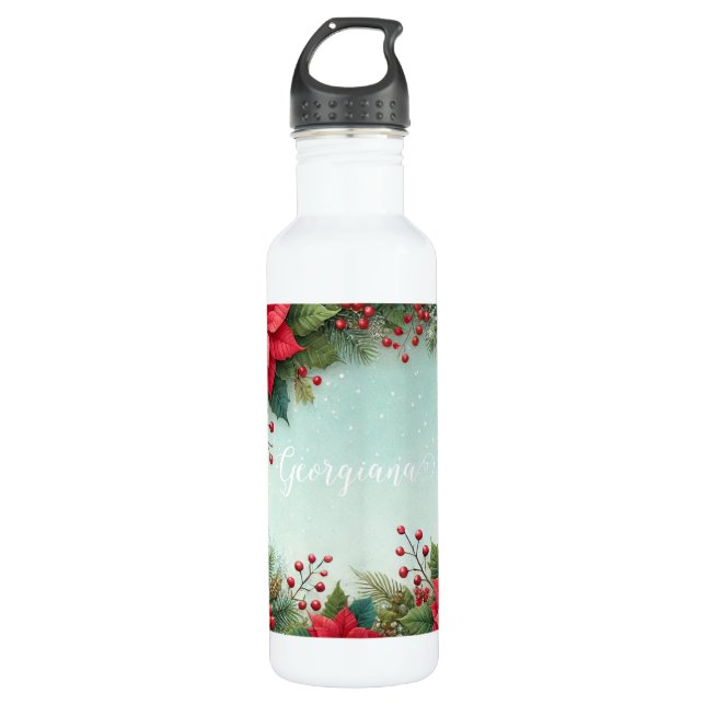 Botella De Agua Nombre personalizado Navidades acuarela floral Poi (Anverso)