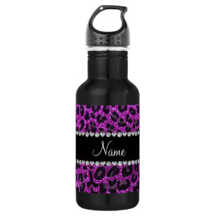 Botella De Agua Nombre personalizado neón morado purpurina leopard