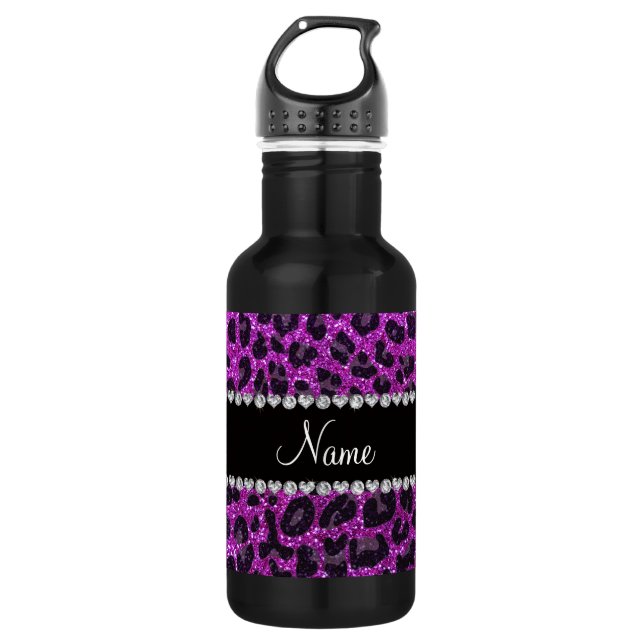 Botella De Agua Nombre personalizado neón morado purpurina leopard (Anverso)