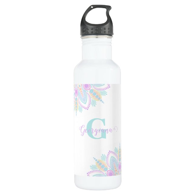 Botella De Agua Nombre personalizado Pastel Arcoiris Floral Sundal (Anverso)