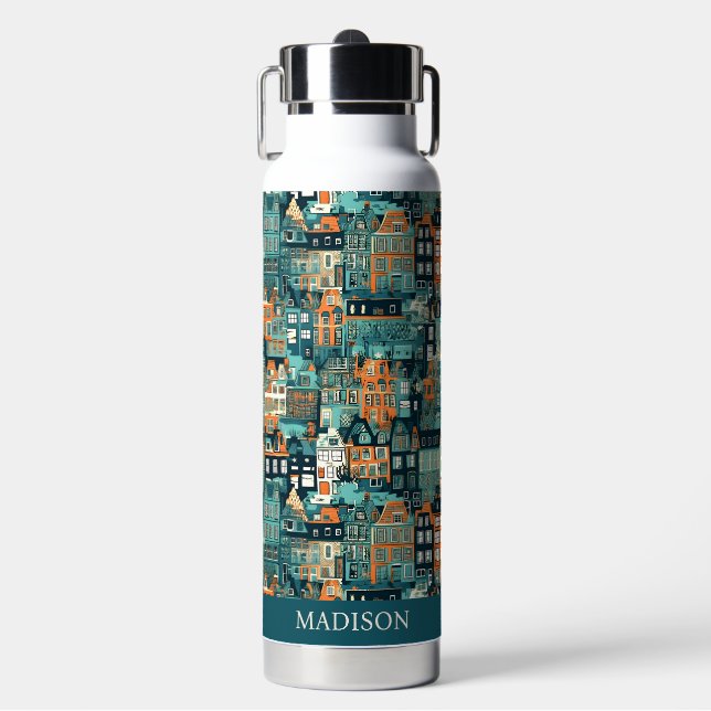 Botella De Agua Nombre personalizado Patrón de casas holandesas (Frente)