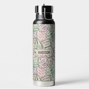 Botella De Agua Nombre personalizado Patrón de sellos de viaje