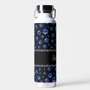 Botella De Agua Nombre personalizado, perras de perro purpurina az