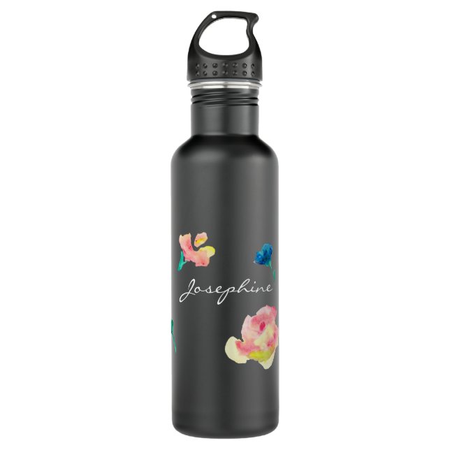 Botella De Agua Nombre personalizado, pintura acuarela de flores b (Anverso)