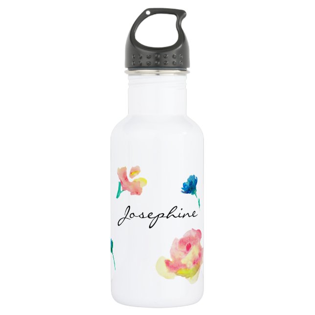Botella De Agua Nombre personalizado, pintura acuarela de flores b (Anverso)