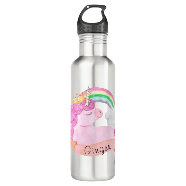 Botella De Agua Nombre personalizado 🌈 Rainbow Unicorn     (Anverso)