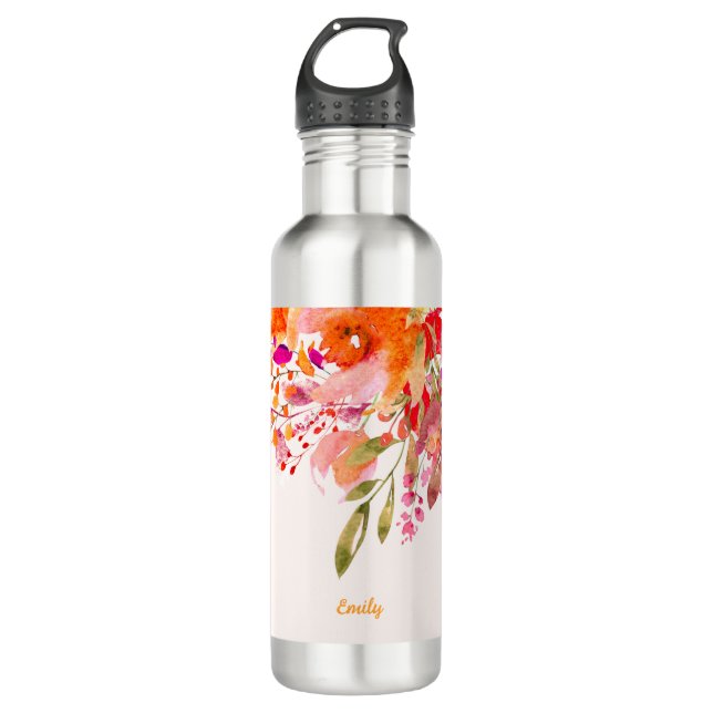 Botella De Agua Nombre personalizado romántico floral brillante (Anverso)