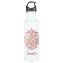 Botella De Agua Nombre personalizado Rosa Gold Flower Rosa Mandala