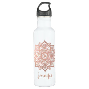 Botella De Agua Nombre personalizado Rosa Gold Flower Rosa Mandala