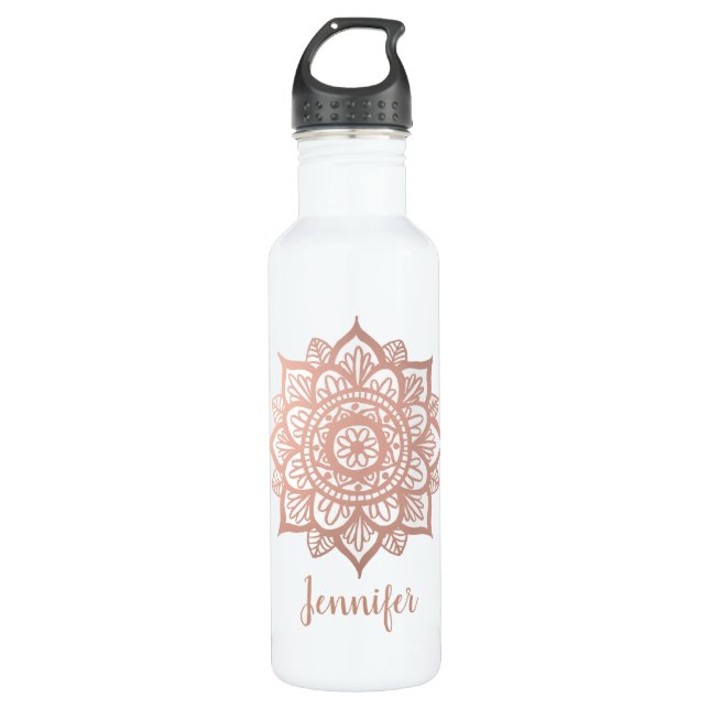 Botella De Agua Nombre personalizado Rosa Gold Flower Rosa Mandala (Anverso)