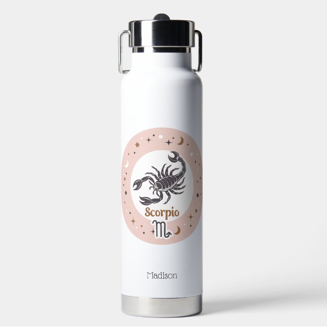 Botella De Agua Nombre personalizado Rótulo Zodiac Scorpio (Frente)