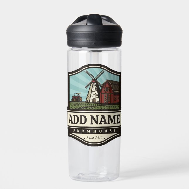 Botella De Agua NOMBRE Personalizado Rústico Farmhouse Old Windmil (Delante)