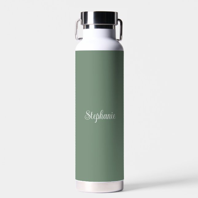 Botella De Agua Nombre personalizado Sage Green Script Boda Agua (Delantero)